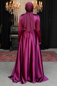 Modest Plum Color Satin Bridesmaid Dress 25880MU - 5