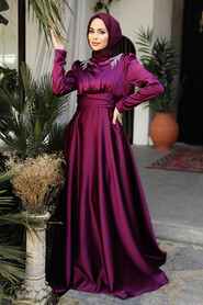 Modest Plum Color Satin Bridesmaid Dress 25880MU - 2