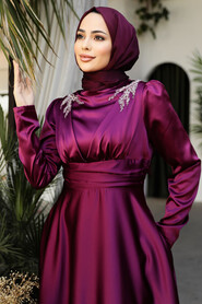 Modest Plum Color Satin Bridesmaid Dress 25880MU - 3