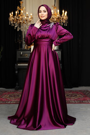 Modest Plum Color Satin Bridesmaid Dress 25880MU - 4