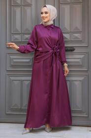 Modest Plum Color Satin Dress 61021MU - 1