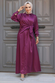 Modest Plum Color Satin Dress 61021MU - 2