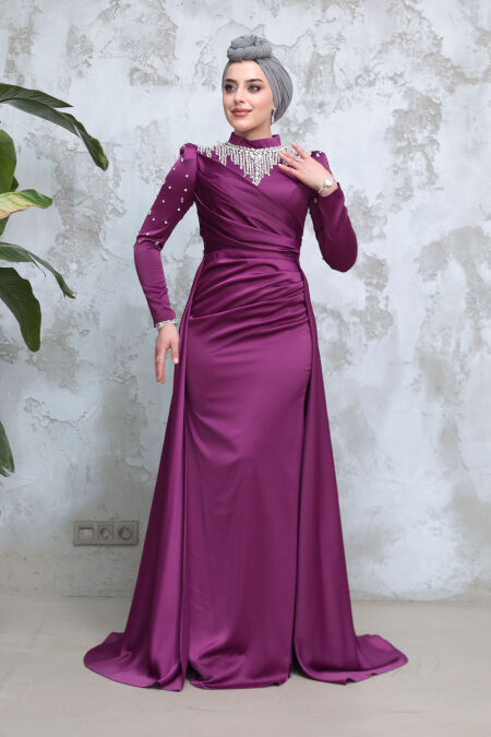 Modest Plum Color Satin Engagement Gown 51312MU - NEVA STYLE