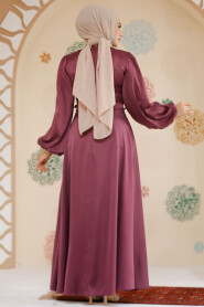 Modest Plum Color Satin Engagement Gown 61501MU - 3