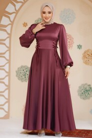 Modest Plum Color Satin Engagement Gown 61501MU - 2