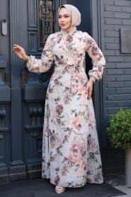 Modest Plus Size Beige Floral Dress 27992BEJ - 2