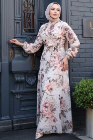 Modest Plus Size Beige Floral Dress 27992BEJ - 1