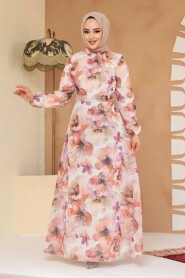 Modest Plus Size Beige Floral Dress 27996BEJ - 2