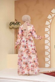 Modest Plus Size Beige Floral Dress 27996BEJ - 4