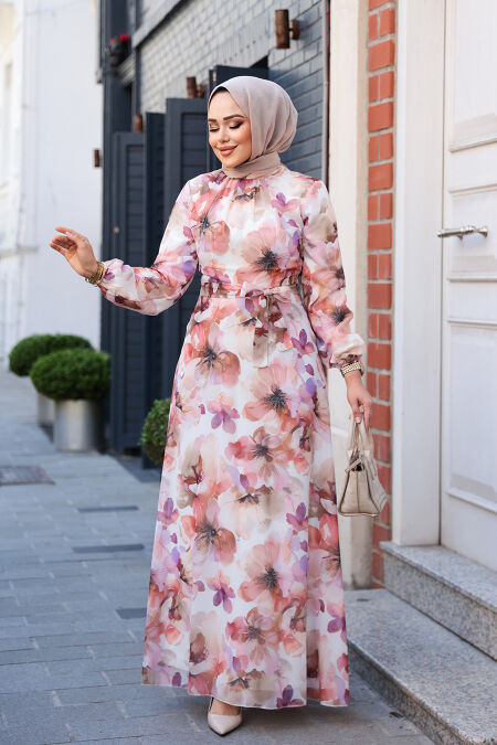 Modest Plus Size Beige Floral Dress 27996BEJ - NEVA STYLE