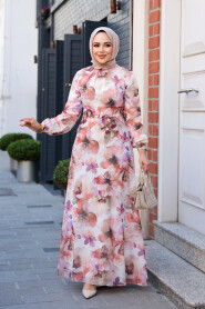 Modest Plus Size Beige Floral Dress 27996BEJ - 2
