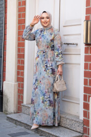 Modest Plus Size Blue Floral Dress 27995M - 1