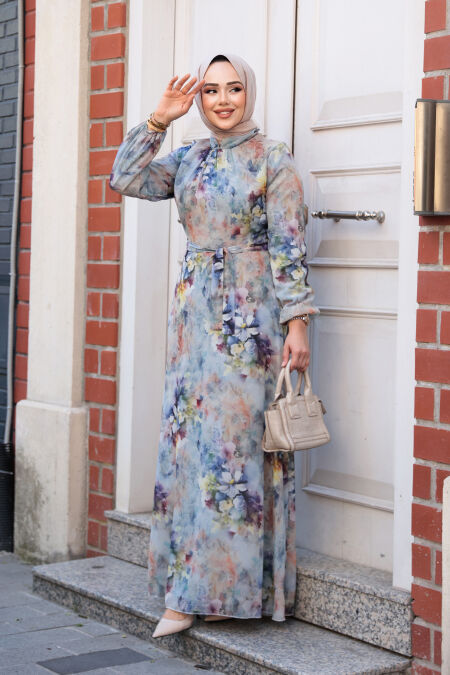 Modest Plus Size Blue Floral Dress 27995M - NEVA STYLE