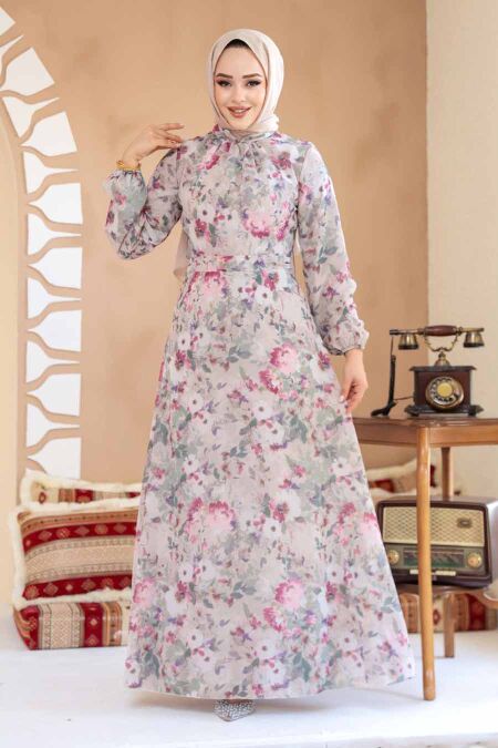 Modest Plus Size Mink Floral Dress 27998V - NEVA STYLE