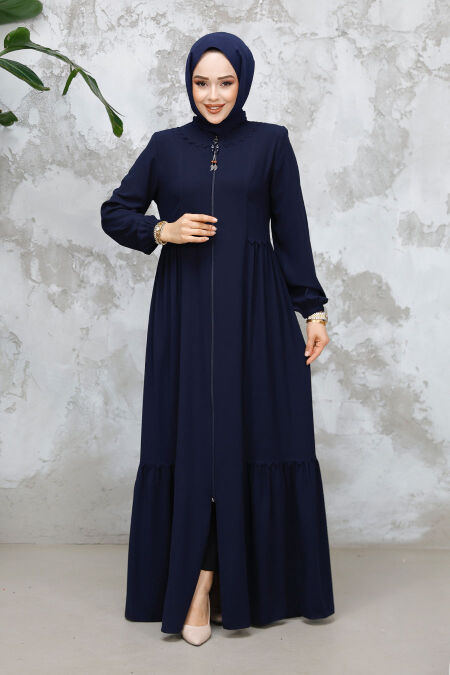 Modest Plus Size Navy Blue Dubai Abaya 8133L - NEVA STYLE