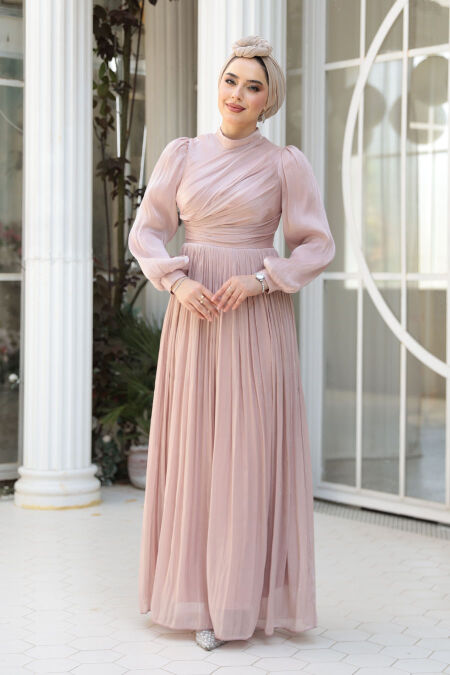 Modest Powder Pink Evening Gown 44081P - NEVA STYLE