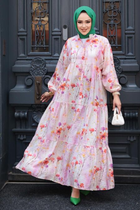 Modest Powder Pink Floral Dress 710501PD - NEVA STYLE