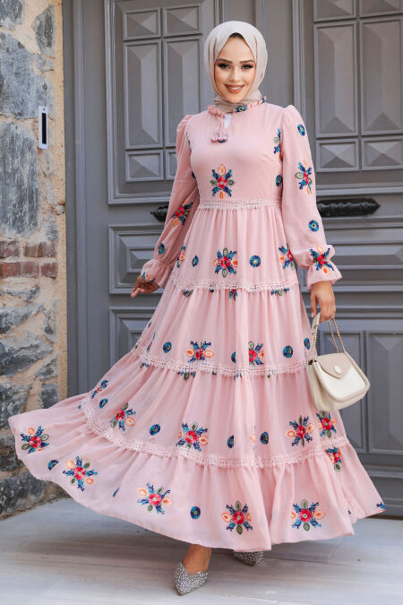 Modest Powder Pink Floral Long Dress 45541PD - NEVA STYLE