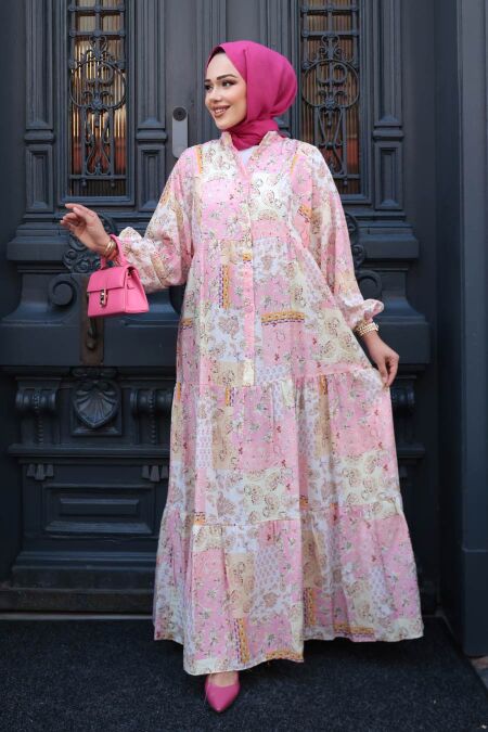 Modest Powder Pink Floral Long Dress 710503PD - NEVA STYLE