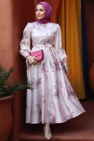 Modest Powder Pink Floral Long Sleeve Dress 60911PD - 1