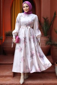 Modest Powder Pink Floral Long Sleeve Dress 60911PD - 3