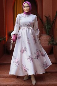 Modest Powder Pink Floral Long Sleeve Dress 60911PD - 2