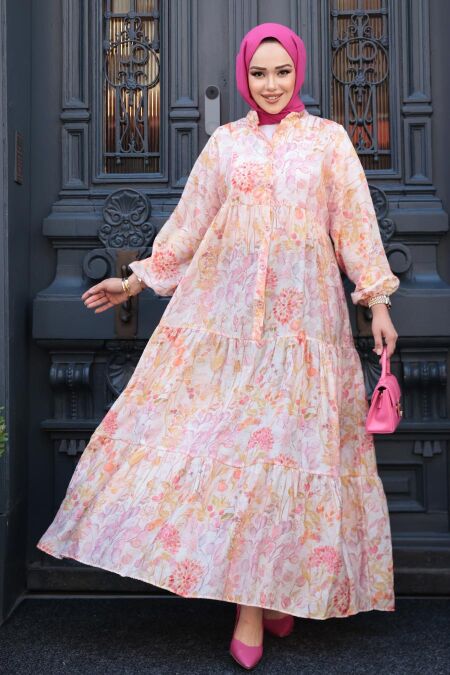 Modest Powder Pink Floral Long Sleeve Dress 710509PD - NEVA STYLE