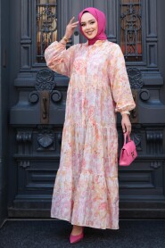 Modest Powder Pink Floral Long Sleeve Dress 710509PD - 2