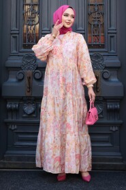 Modest Powder Pink Floral Long Sleeve Dress 710509PD - 3