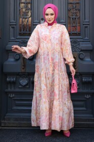 Modest Powder Pink Floral Long Sleeve Dress 710509PD - 4