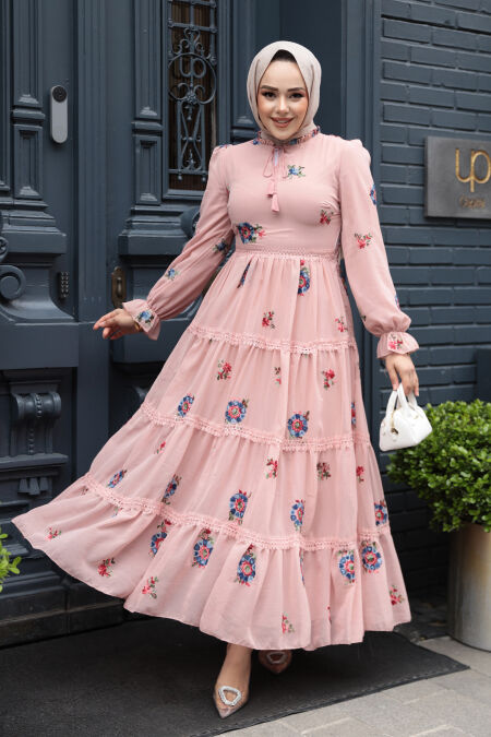 Modest Powder Pink Floral Maxi Dress 32816PD - NEVA STYLE