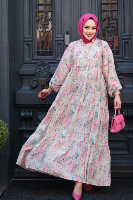 Modest Powder Pink Floral Maxi Dress 710511PD - NEVA STYLE