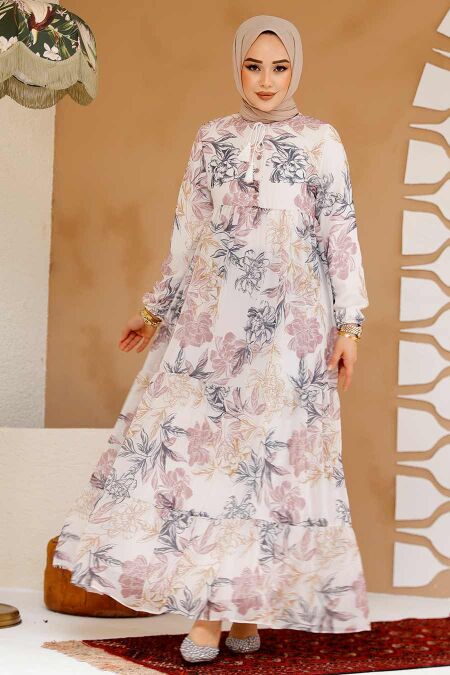  Modest Powder Pink Long Sleeve Floral Dress 22055PD - NEVA STYLE