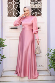 Modest Powder Pink Satin Bridesmaid Dress 23242PD - 1