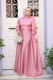 Modest Powder Pink Satin Bridesmaid Dress 23242PD - 2