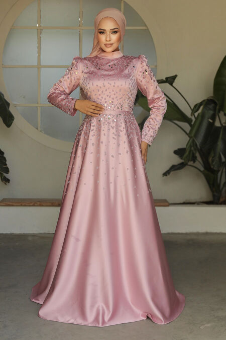Modest Powder Pink Satin Prom Dress 25894PD - NEVA STYLE