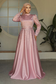 Modest Powder Pink Satin Prom Dress 25894PD - 2