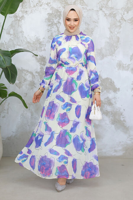 Modest Purple Floral Long Dress 344601MOR - NEVA STYLE
