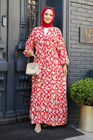 Modest Red Floral Dress 23586K - 2