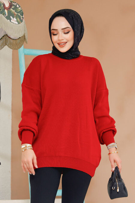 Modest Red Knitwear Jumper Top 17201K - NEVA STYLE