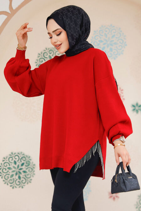 Modest Red Knitwear Jumper Top 17202K - NEVA STYLE