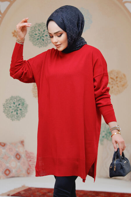 Modest Red Knitwear Jumper Top 17203K - NEVA STYLE