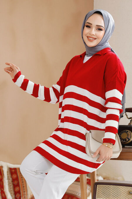 Modest Red Knitwear Jumper Top 53401K - NEVA STYLE