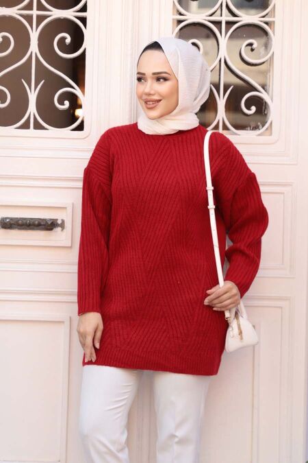 Modest Red Knitwear Tunic 7852K - NEVA STYLE
