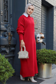 Modest Red Long Sleeve Knitwear Dress 100013K - 1