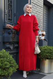 Modest Red Long Sleeve Knitwear Dress 100013K - 3