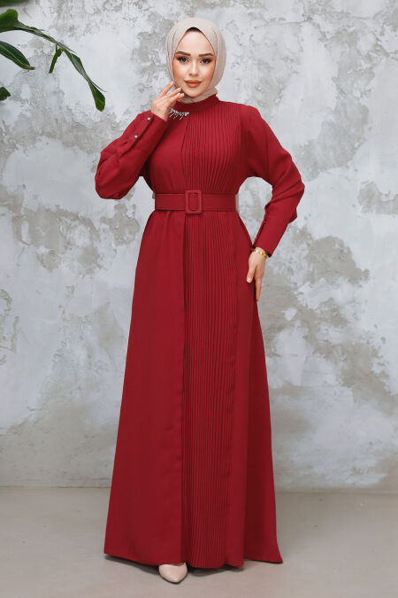 Modest Red Plus Size Pleated Dress 65879K - NEVA STYLE