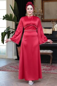 Modest Red Satin Engagement Dress 61592K - 4