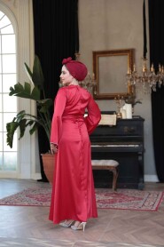Modest Red Satin Engagement Dress 61592K - 5
