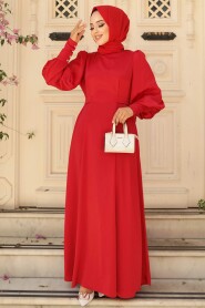 Modest Red Satin Evening Dress 61031K - 2